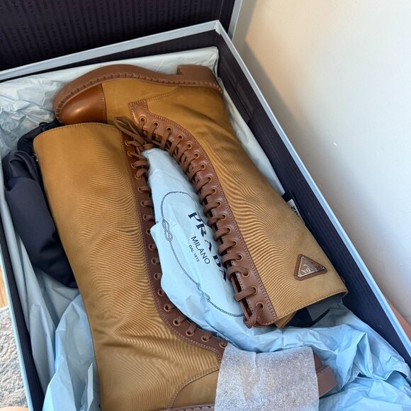 NWT Prada Tall Boots Tobacco Brown Leather Lace up Round Toe Sz 35 - Picture 4 of 11
